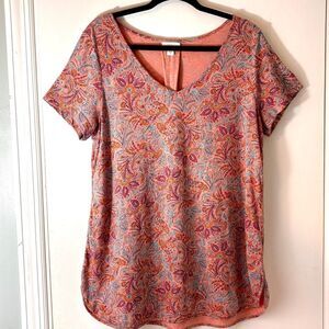 J.Jill M tunic length V-neck shades of coral & aqua blue short sleeve